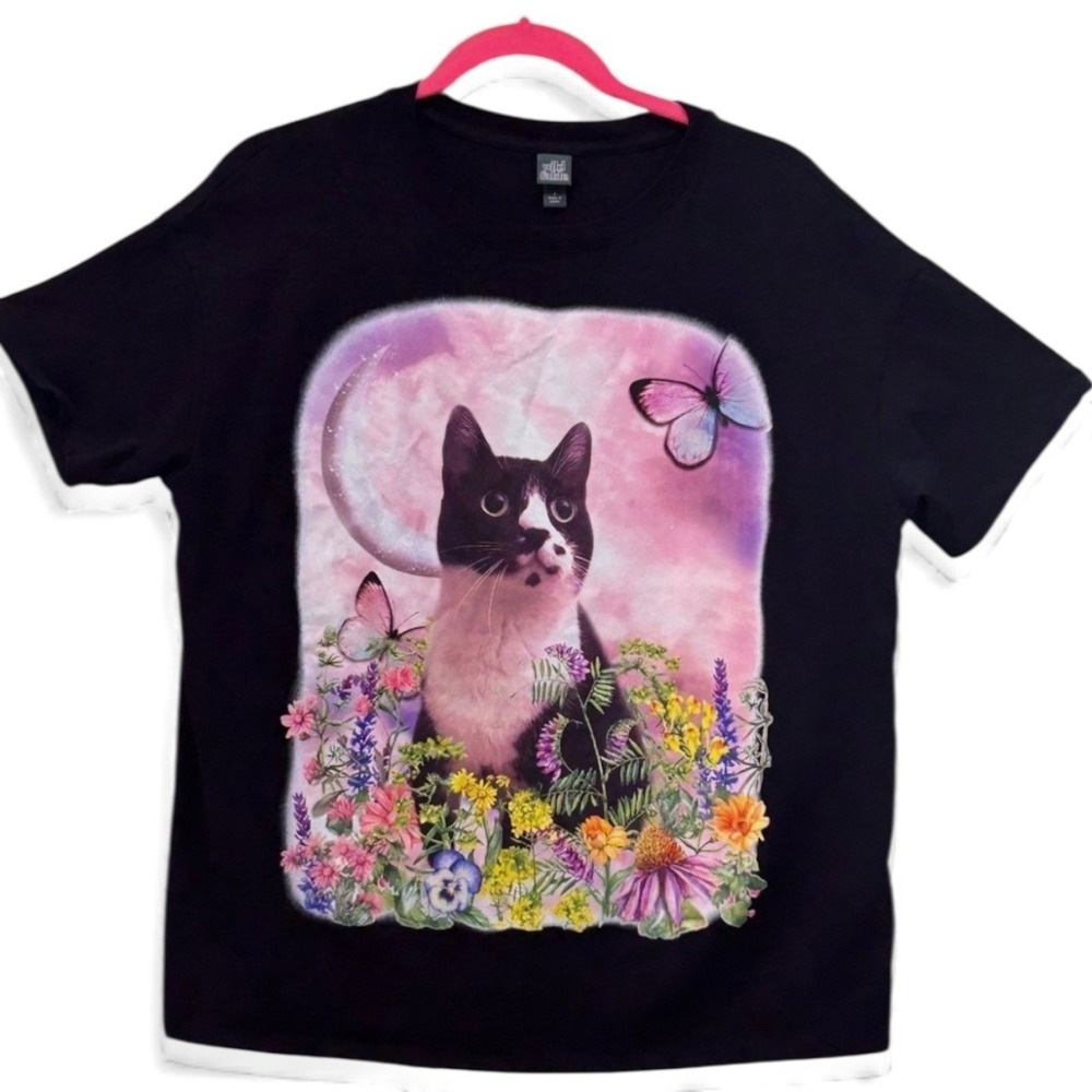 Wild Fable Cat Floral Butterfly Shirt Black Small‎